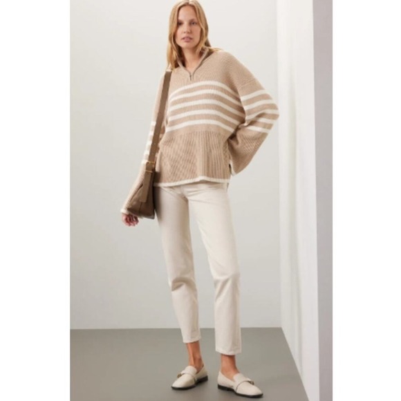 Rails Tessa Sand Stripe Mock Neck Quarter Zip Ribbed Knit Sweater Medium - Picture 2 of 10